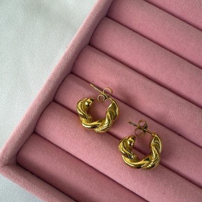 Brincos dourados torcidos em suporte cor de rosa