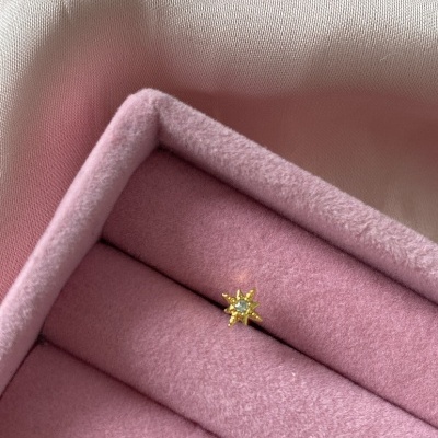 Anel estrela dourado com pedra num suporte rosa de veludo