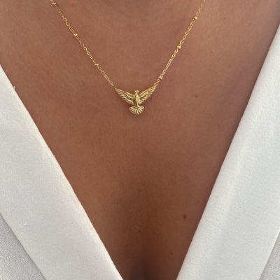 Colar dourado com pendente de pássaro no pescoço de uma pessoa