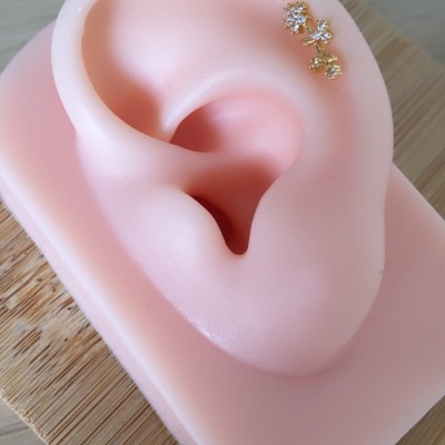 Modelo de orelha cor de pele com brinco dourado em base de madeira