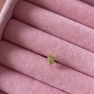 Caixa de veludo rosa com pingente dourado em forma de tartaruga