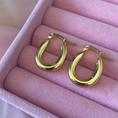 Par de brincos de argola dourados em caixa de veludo rosa