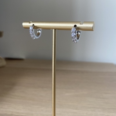 Brincos de argola prateados com pedras num suporte dourado