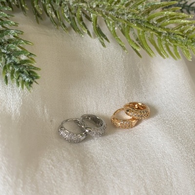 Dois pares de brincos em prata e dourado com pedras brilhantes sobre tecido branco com ramos verdes e bagas vermelhas