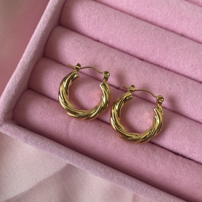 Brincos de argola dourados com textura torcional em caixa de veludo rosa