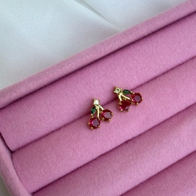 Brincos dourados com pedras vermelhas e verdes em caixa rosa