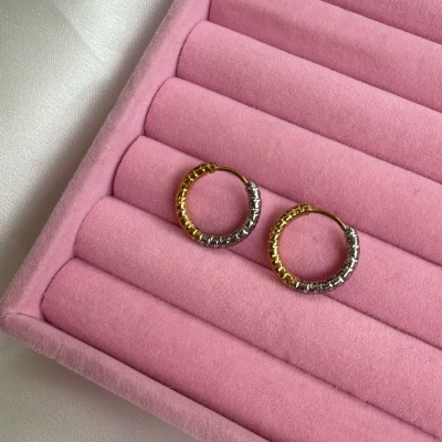 Brincos de argola bicolor numa caixa de veludo rosa