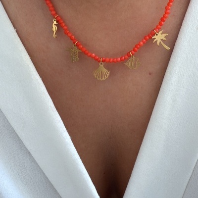 Colar&#x20;mini&#x20;pendentes&#x20;com&#x20;missangas&#x20;coral