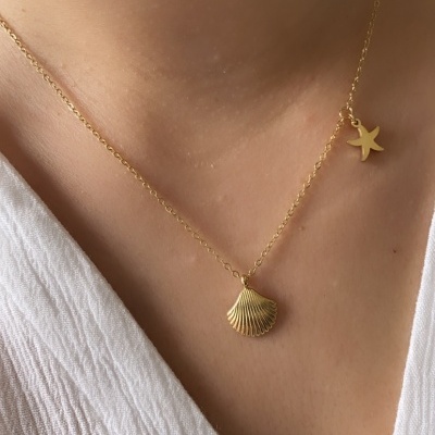 Colar dourado com pendentes de concha e estrela-do-mar em pescoço com blusa branca