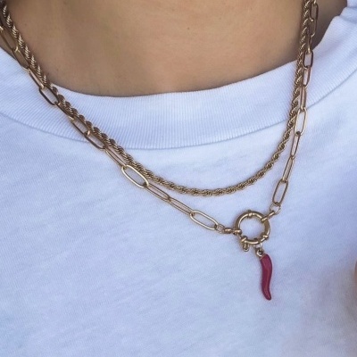 Colar duplo dourado com pendente vermelho em pimenta sobre t-shirt branca