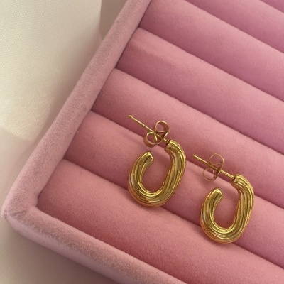 Par de brincos dourados numa caixa de veludo rosa