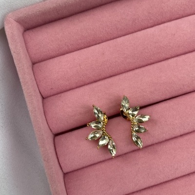 Brincos dourados com pedras transparentes em suporte para joias rosa.