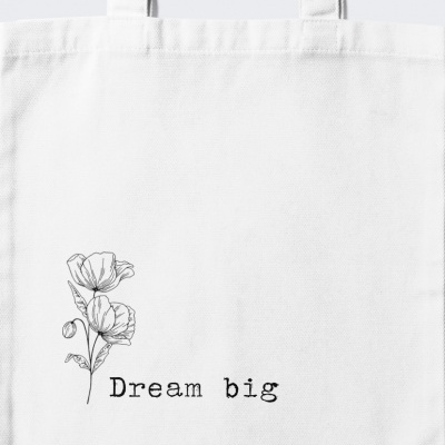 Mala de tecido branca com flores e texto Dream big