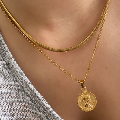 Colar dourado com duas correntes, pendente redondo com figura e camisa de malha cinza