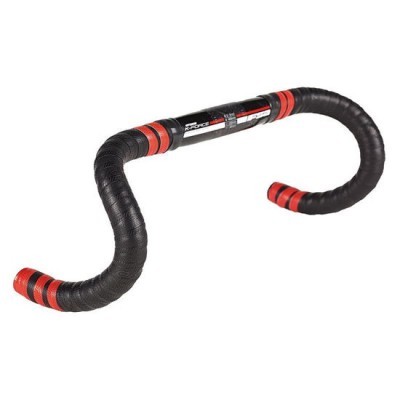 Guiador de bicicleta preto com detalhes vermelhos e etiqueta central