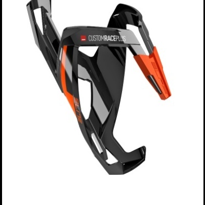 Suporte para garrafa de bicicleta preto com detalhes laranja e texto CUSTOMRACEPLUS