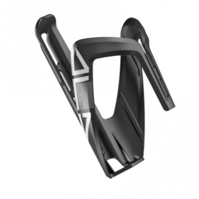 Suporte para garrafa de bicicleta preto com detalhes brancos e cinzas