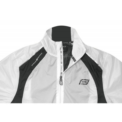 casaco desportivo branco e preto com fecho de correr e logótipo