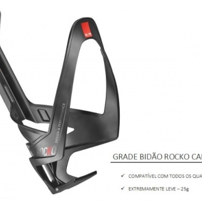 Suporte para bidão de bicicleta Rocko Carbon preto com texto informativo