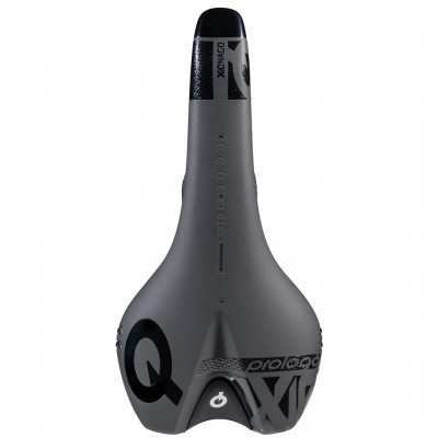 Selim de bicicleta preto e cinza com inscrições QXINGO e PROLOGO