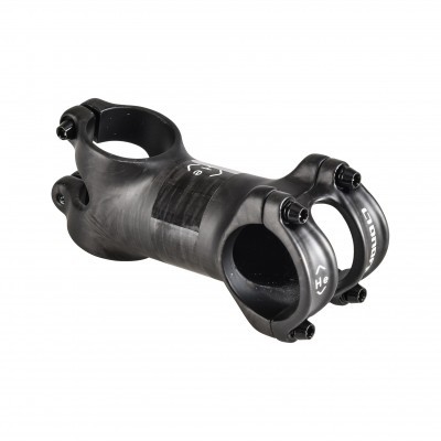 Suporte de guiador de bicicleta preto com parafusos e inscrições brancas.