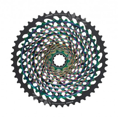 Roda dentada metálica para bicicleta com cores preta e iridescentes