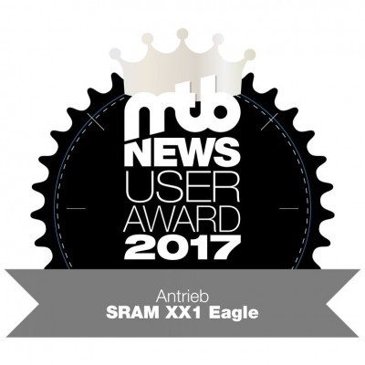 Logótipo prémio MTB NEWS USER AWARD 2017 com texto Antrieb SRAM XX1 Eagle