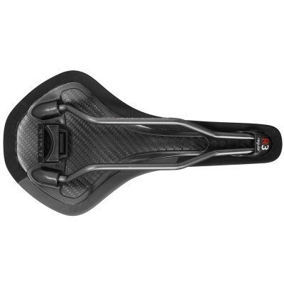 Selim de bicicleta preto com estrutura metálica prateada e texto R3