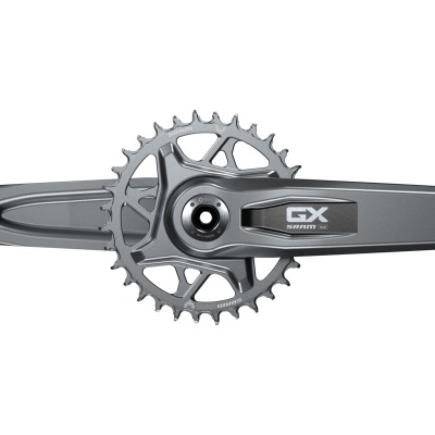 mecanismo de pedalier cinzento com coroa e texto GX SRAM DUB