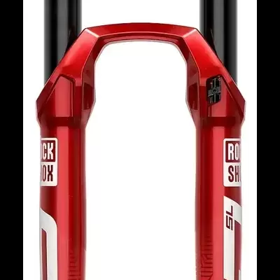 Suspensão dianteira vermelha e preta para bicicleta com texto Rock Shox e SL Ultimate.