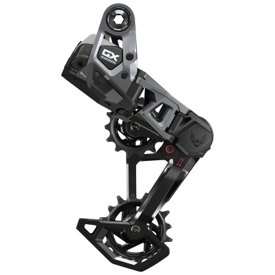 Desviador traseiro para bicicleta preto e cinzento com rodas dentadas e logo GX SRAM