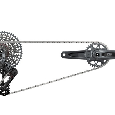 Transmissão de bicicleta GX SRAM cinza com cassete metálico e corrente