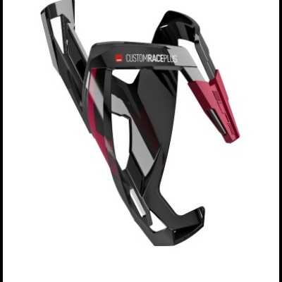 Suporte de garrafa para bicicleta preto e vermelho com texto CUSTOMRACEPLUS