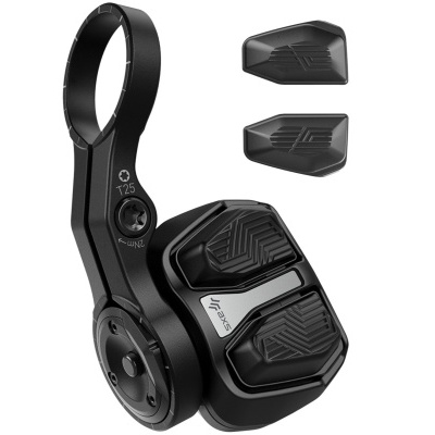 Comando eletrônico para bicicleta preto com botões texturizados e texto SRAXS