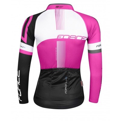 Camisola ciclismo manga comprida rosa branco preto com texto Forcell e Forces