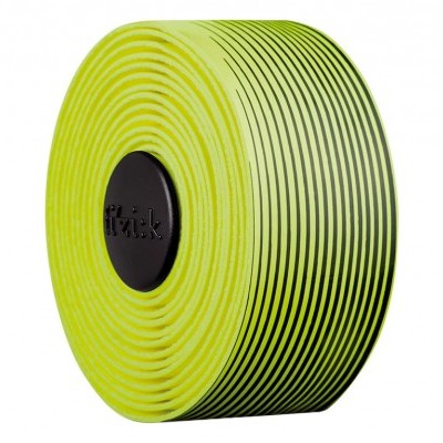 Rolo de fita para guiador de bicicleta amarelo com riscas pretas e tampão preto com texto fi'zik'.