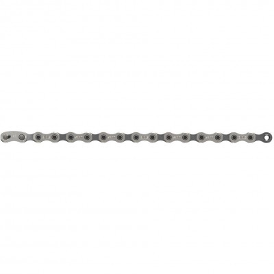 Corrente de bicicleta metal prateada com texto gravado