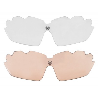 Duas lentes de óculos desportivos, transparentes e rosadas, com formato angular e logótipo central.