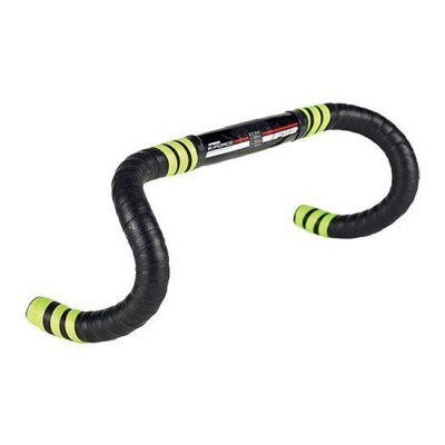 Guiador de bicicleta preto com detalhes verdes fluorescentes e fita texturizada