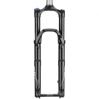 Suspensão de bicicleta RockShox preta com texto e ajuste azul no topo