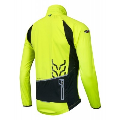 Casaco de ciclismo amarelo fluorescente com detalhes pretos e bolso traseiro.