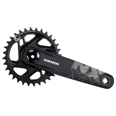 Pedaleira SRAM preta com roda dentada e braço com padrão geométrico cinzento