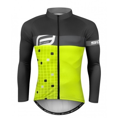 Camisola de ciclismo manga comprida preta, cinzenta e amarelo fluorescente com padrão e texto