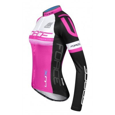 T-shirt ciclismo manga longa rosa, branco e preto com texto FORÇE