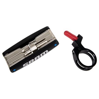 Conjunto de ferramentas portáteis e braçadeira preta com texto SRAM