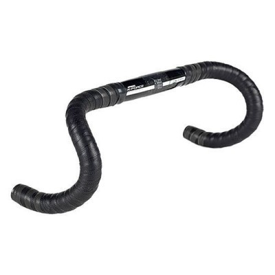 Guiador de bicicleta preto com fita e etiqueta central