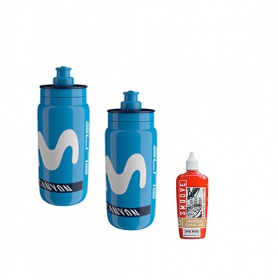 Duas garrafas azuis e um tubo vermelho de lubrificante para corrente