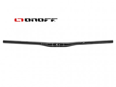 Guiador de bicicleta preto com inscrições ONOFF e Kr