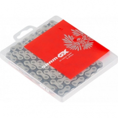 Corrente de bicicleta SRAM GX em caixa plástica transparente com etiqueta vermelha e desenho de águia