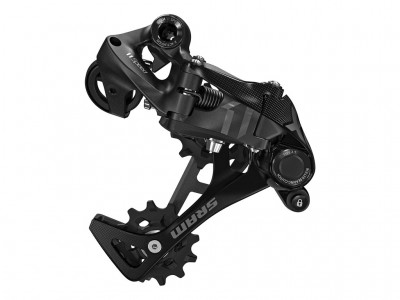 Desviador traseiro de bicicleta preto da SRAM com detalhes cinza.